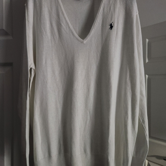 Ralph Lauren Sport White V-Neck Cotton Sweater Navy Blue Pony XL - Picture 4 of 7